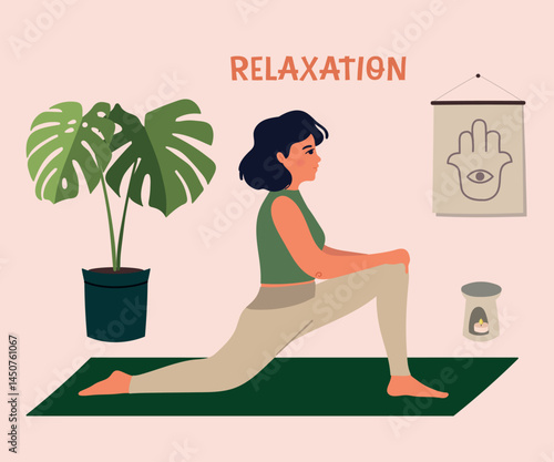 Flat vector illustration of young woman doing yoga exercises with plant and picture on the pink background