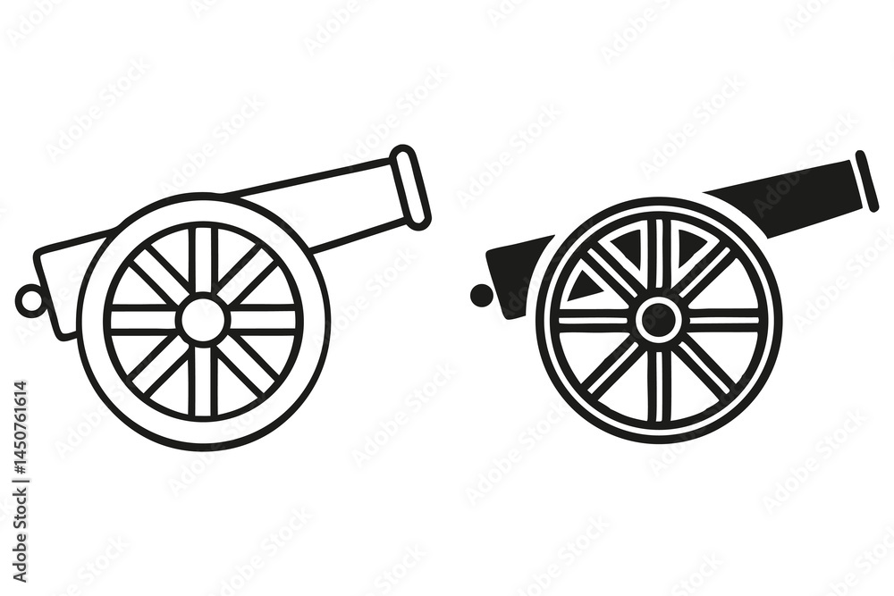 Fototapeta premium Two cannons in black line with spoke wheels offer a vintage battle appearance