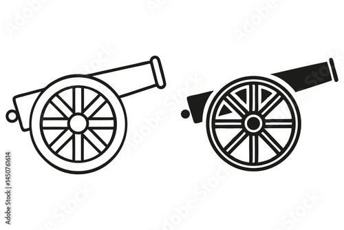 Two cannons in black line with spoke wheels offer a vintage battle appearance