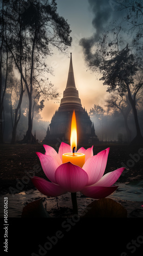 Macro Shots of a Pink Lotus Flower Floating on Calm Water With Temple Silhouette at Vesak Celebration Enhancing the Serene Atmosphere