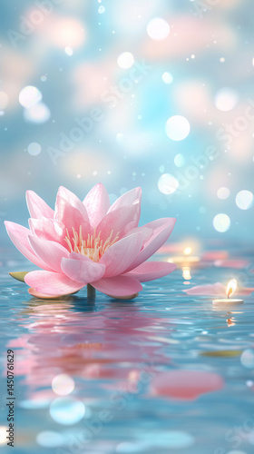 Stunning Macro Views of Pink Lotus Flowers Reflecting in Calm Water During Vesak Celebration With Tranquil Candles and Delicate Lighting