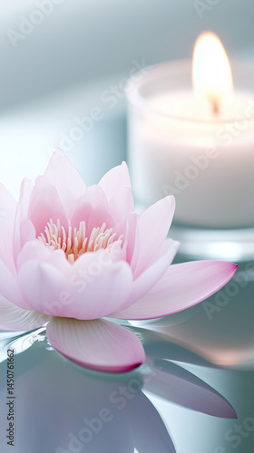 Serene Pink Lotus Flower Floating on Calm Water, Illuminated by Candlelight at Vesak Ceremony