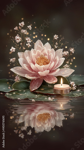 Beautiful Pink Lotus Flower Floating on Tranquil Water During Vesak With Glowing Candle and Serene Atmosphere