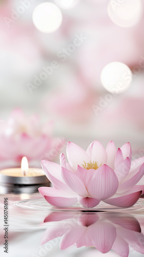 Serene Pink Lotus Flower Floating on Calm Water During Vesak With Glowing Candles and Ritual Ambiance