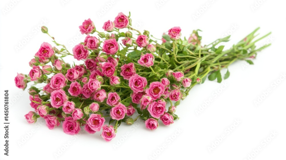 Obraz premium Delicate spray roses in vibrant pink blossoms with green foliage arranged on a clean, bright white