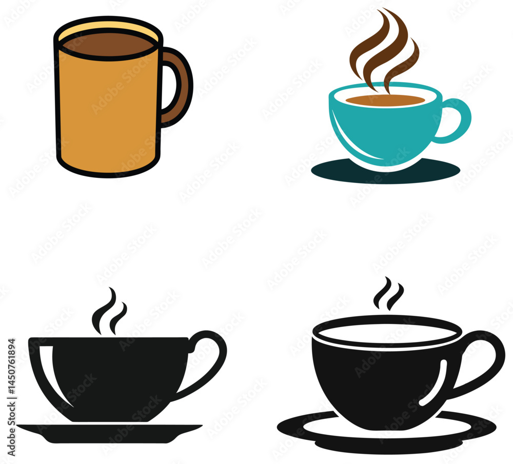 Obraz premium Coffee cup Set: A collection of four illustrations showcases coffee cups in various styles. Perfect for cafe branding.