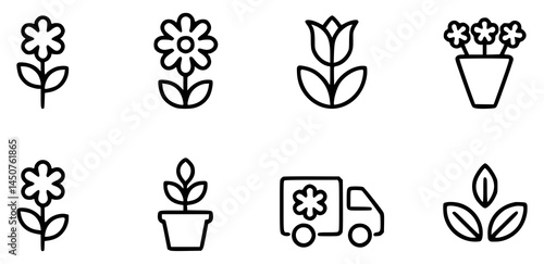 Vector illustrations of flowers plants and ambulance icon set