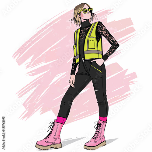 Fashion photography a striking model showcasing a black mesh top layered with a vibrant neon vest.  High-fashion, edgy style.