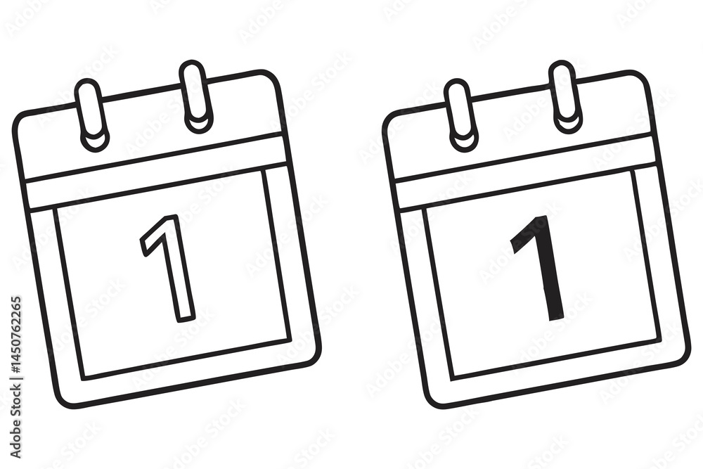 Two outline calendar pages display the number one, indicating a new beginning on transparent background Two outline calendar pages display the number one, indicating a new beginning on transparent background