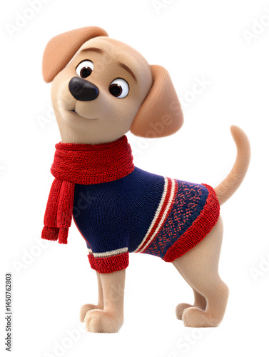 A charming 3D animated puppy stands adorably in a blue sweater and red scarf against a clean white backdrop displaying innocence and festive winter style.