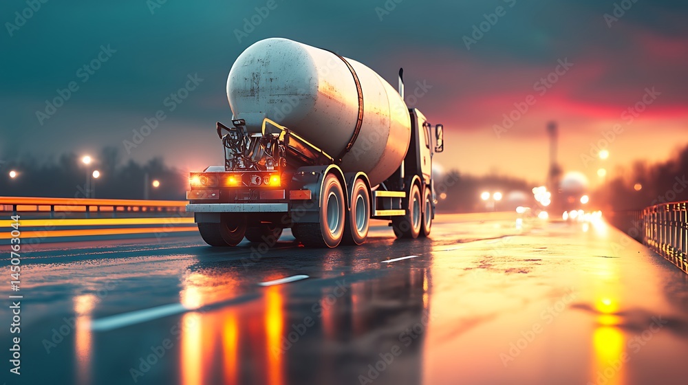 Tanker truck on wet highway at dusk Tanker truck on wet highway at dusk