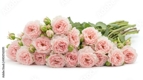 A delicate and charming arrangement showcases a cluster of soft pink roses with subtle white