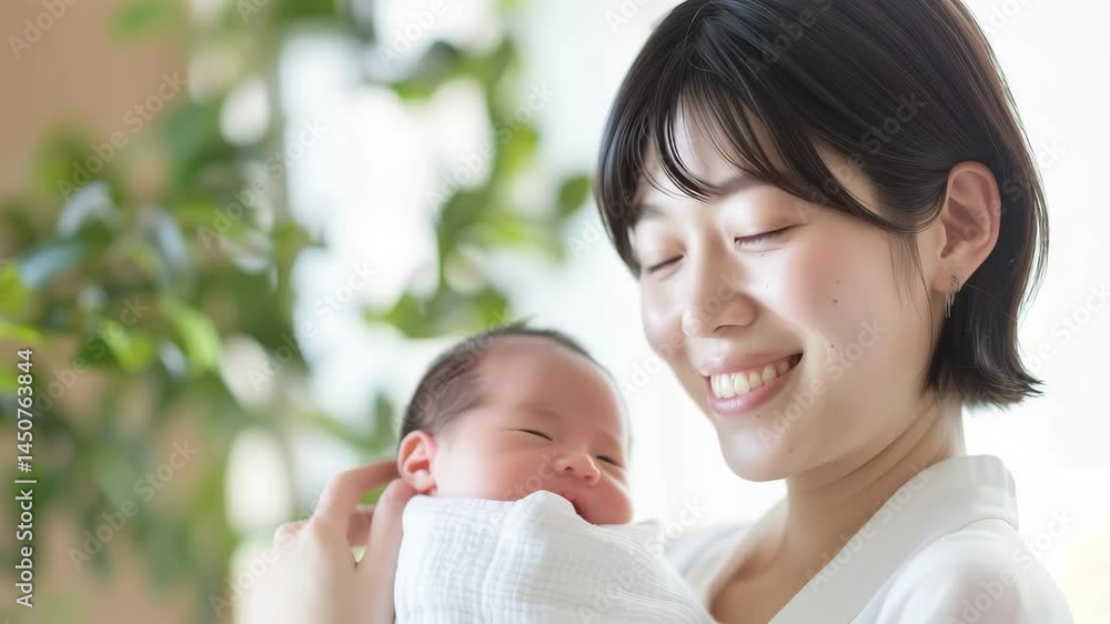 優しく赤ちゃんを抱く日本人ママの笑顔 優しく赤ちゃんを抱く日本人ママの笑顔