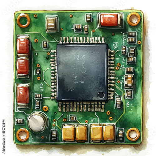 Electric Circuit Board With Microchips, watercolor vector, isolated on a white background.
