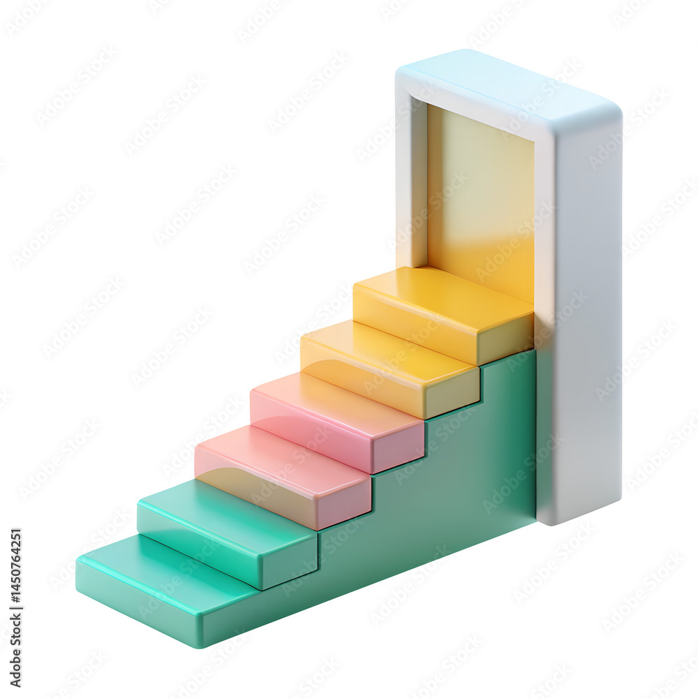 stairs to success 3d render icons in cartoon plastic style minimal isolated on transparent white background, clipping path