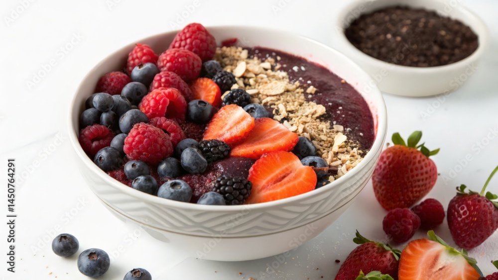 Healthy Acai Bowl with Strawberries, Blueberries, Raspberries, and Blackberries on Wooden Board
Healthy Acai Bowl with Strawberries, Blueberries, Raspberries, and Blackberries on Wooden Board