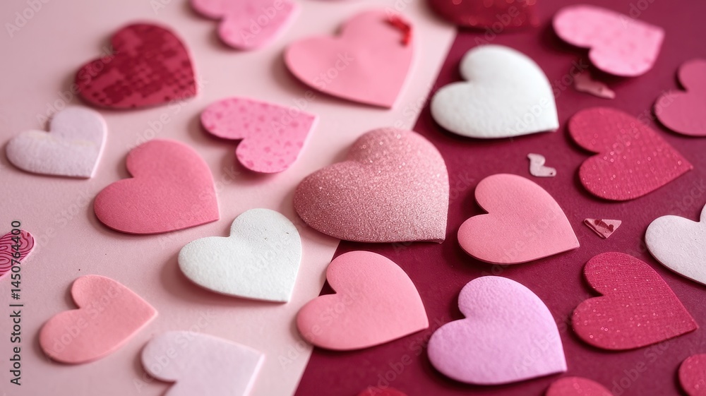 Obraz premium Glitter hearts scattered on pink and maroon with wave design