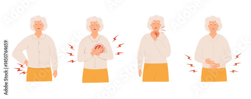 Set of elderly women experiencing different types of pain and discomfort with pained expressions. Back pain, stomach pain, chest and throat pain. Flat Vector Illustration isolated on white background.