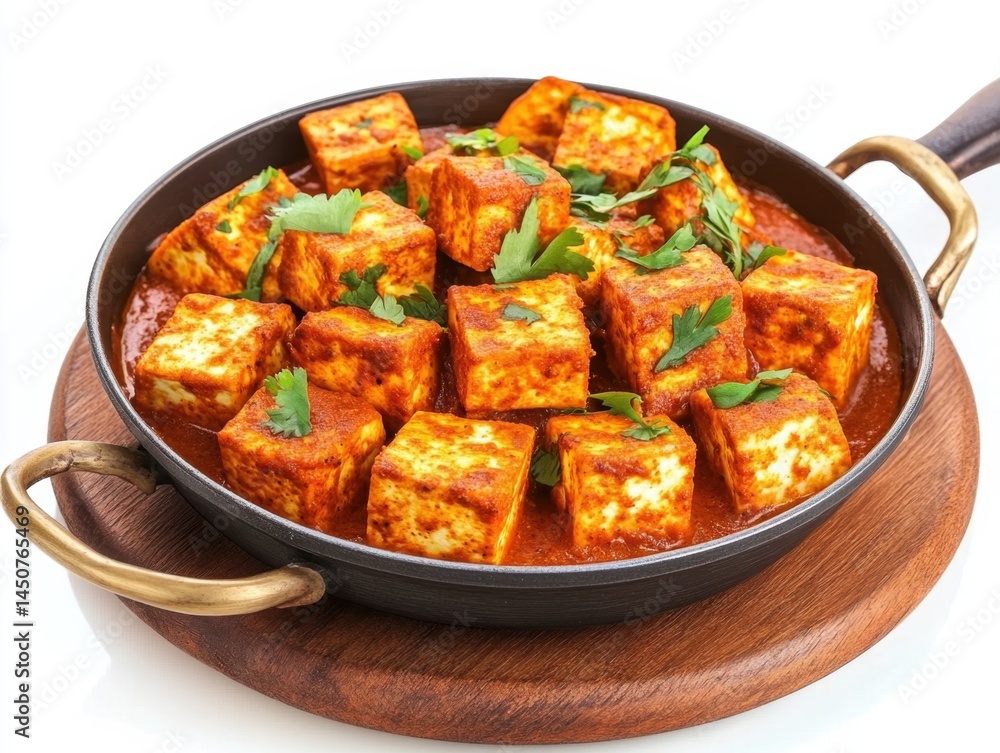 Delicious paneer tikka masala in a metal pan served on a wooden board ready to be eaten Delicious paneer tikka masala in a metal pan served on a wooden board ready to be eaten
