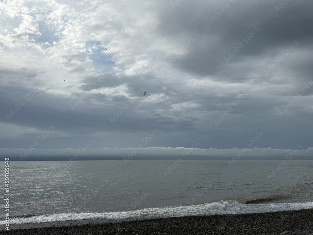 Obraz premium Cloudy sky over calm sea with small waves on a pebble beach. Several birds are flying in the sky. The weather appears overcast and humid.