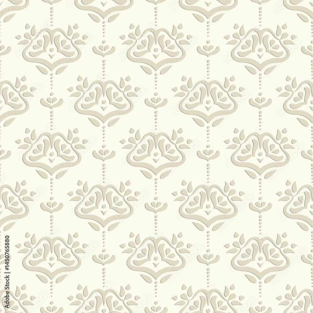 Naklejka premium Elegant seamless pattern with damask floral elements. Subtle beige background with vertical design ideal for wallpapers, textiles, and home decor.