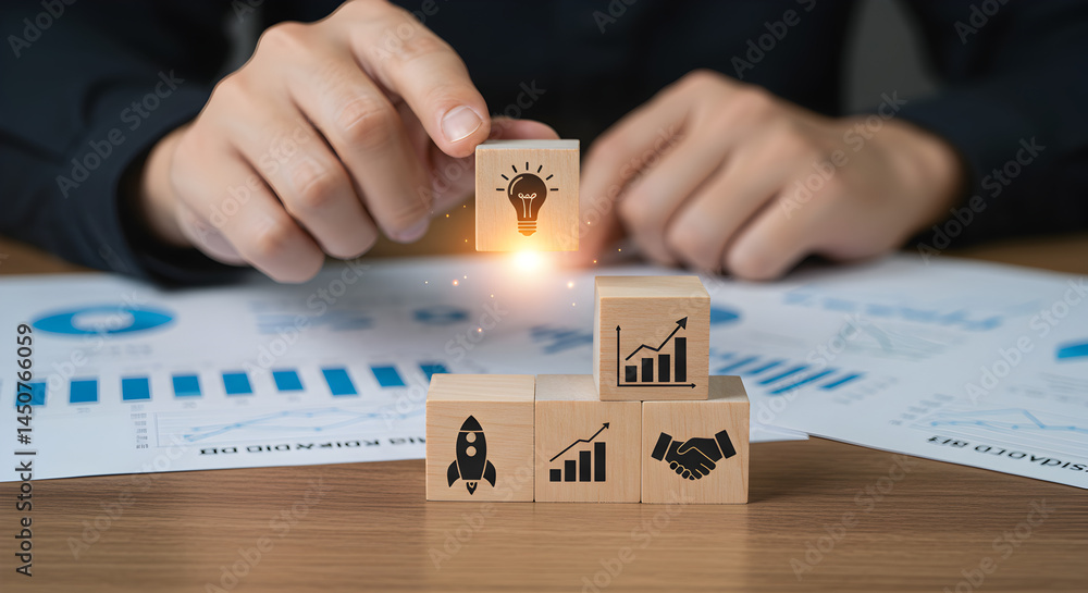 Obraz premium Business strategy and planning with wooden blocks idea innovation and growth concept for success