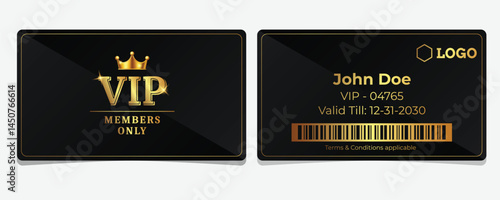 Luxury Black and Gold VIP Card Design – Premium Front and Back Template with Crown, Membership Info, Barcode and Invitation Only Access Pass
