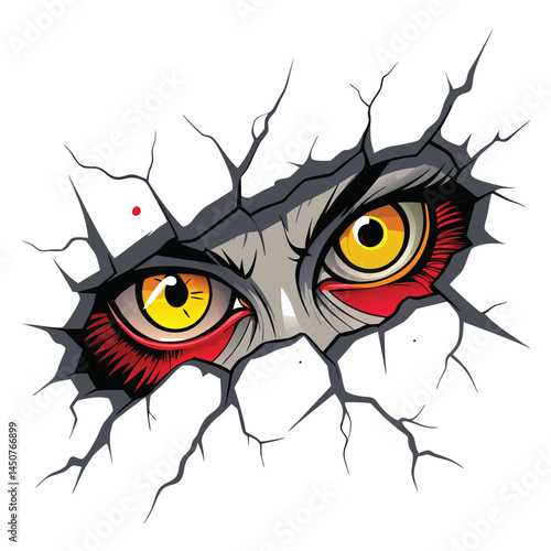 A close-up shot of two eyes peering through a crumbling, cracked brick wall, conveying suspense and mystery.  The wall shows significant deterioration.