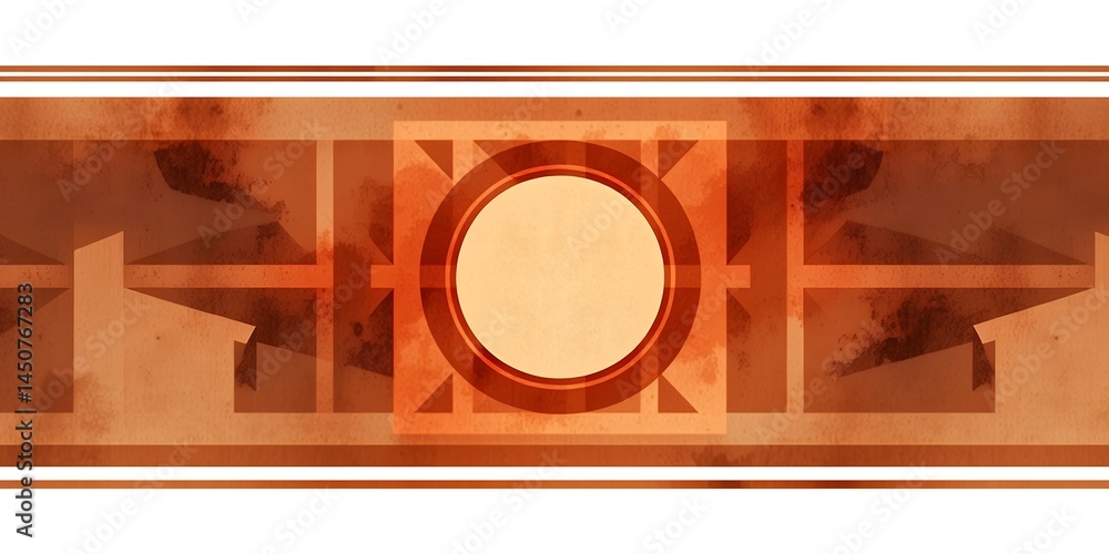 Abstract orange background with a central circle and geometric shapes on the sides