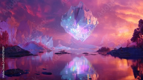 Floating crystalline island reflecting vivid twilight colors in a serene alien landscape