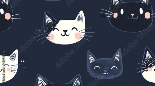 Seamless pattern with cute cartoon cat faces in black and white on navy blue background.