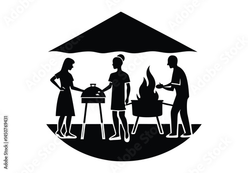 a family grilling burgers in a backyard silhouette 