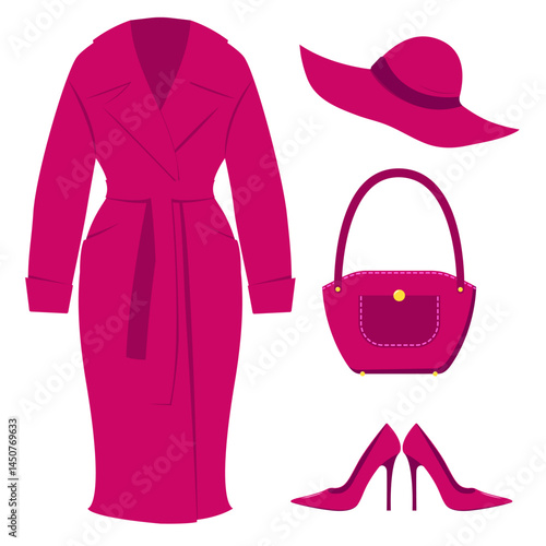 A set of pink women's clothing. Coat, hat, bag and high-heeled shoes. Doll clothes.