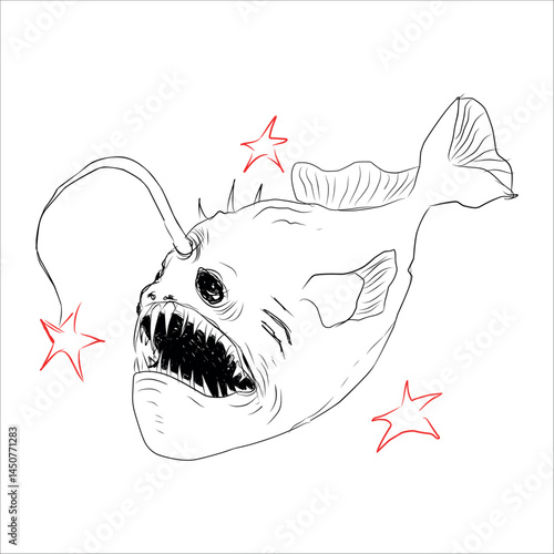 anglerfish, monkfish, ocean depths. vector line illustration. hand drawn. black and red. idea for tattoo, design, logos. creepy vibe.
