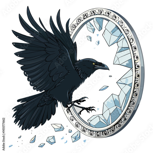 A raven, wings outstretched, emerges from a shattered, silver-framed mirror reflecting a dark, gothic scene.  Emphasis on detail and dark tones.