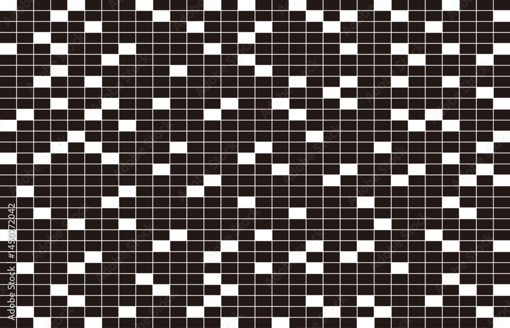 Fototapeta premium 黒と白のブロック。デザインの背景。不規則に並ぶ四角形。幾何学的な壁紙。格子柄のテクスチャ。デジタルなグラフィック。ベクターのイラスト。模様の素材。線の絵。抽象的なイメージ。