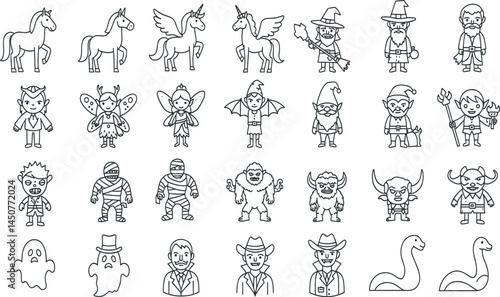 Transparent PNG available
Fantasy creature line icon set. Vector pictograms of unicorn, pegasus, dragon, witch, wizard, ghost, vampire, zombie. Mythical beings and monsters