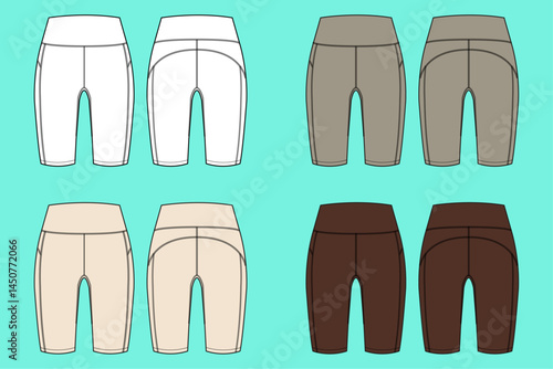 Ladies Sports legging colour way bundle set technical drawing fashion flat sketch vector illustration template front and back views outline CAD mockup.