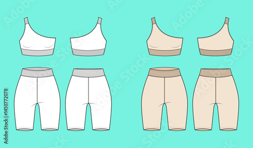 Women Running set Sports one strap bra top and tights shorts colour way technical drawing fashion flat sketch front and back views outline CAD mockup.