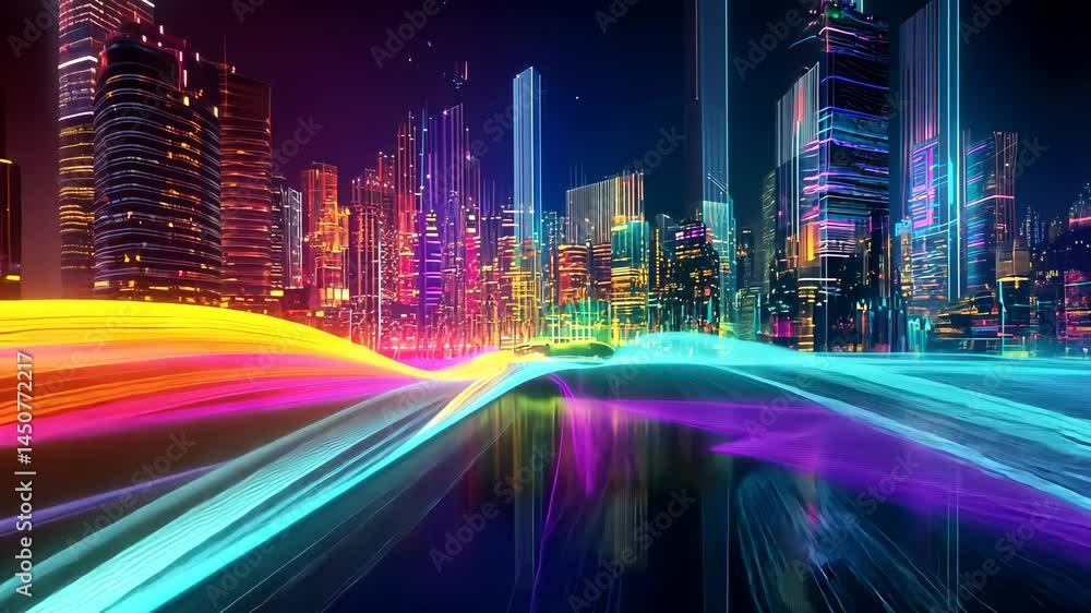 Vivid neon city lights create dynamic hypnotic pathway in urban nightscape Vivid neon city lights create dynamic hypnotic pathway in urban nightscape