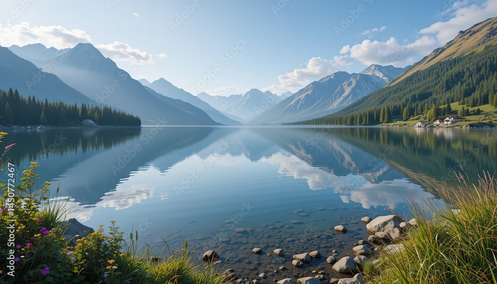 Fototapeta premium Serene Alpine Lake Reflecting Majestic Mountains and Cloudy Sky