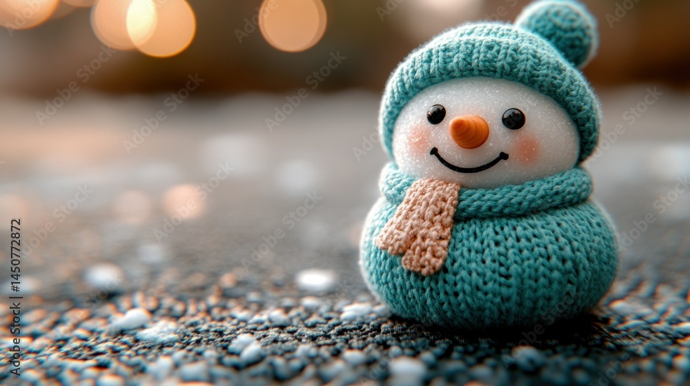Obraz premium Tiny snowman, knit hat and scarf, small stones and warm background