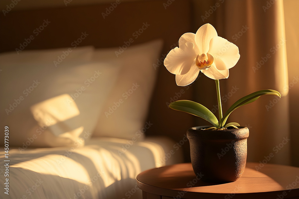 Peaceful indoor setting with a single white orchid. Peaceful indoor setting with a single white orchid.
