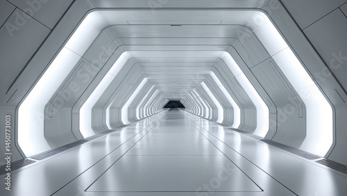  A crisp, neon-lit passageway emphasizing symmetry and vibrant geometric patterns.