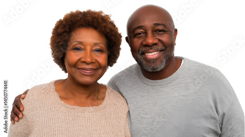 Happy senior African-American couple embracing and smiling, isolated on white or transparent background
