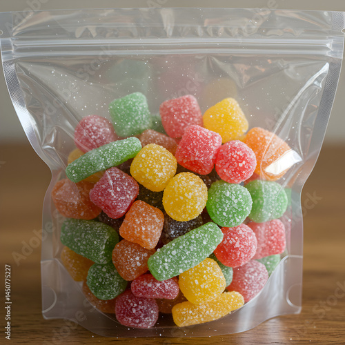 A clear plastic bag filled with colorful sugar coated gummy candies on a wooden surface view