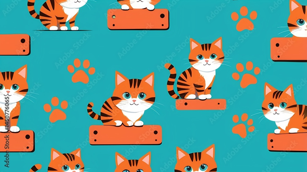 Fototapeta premium Whimsical Kitten Pattern: A delightful pattern of playful kittens, featuring their adorable poses and charming details.