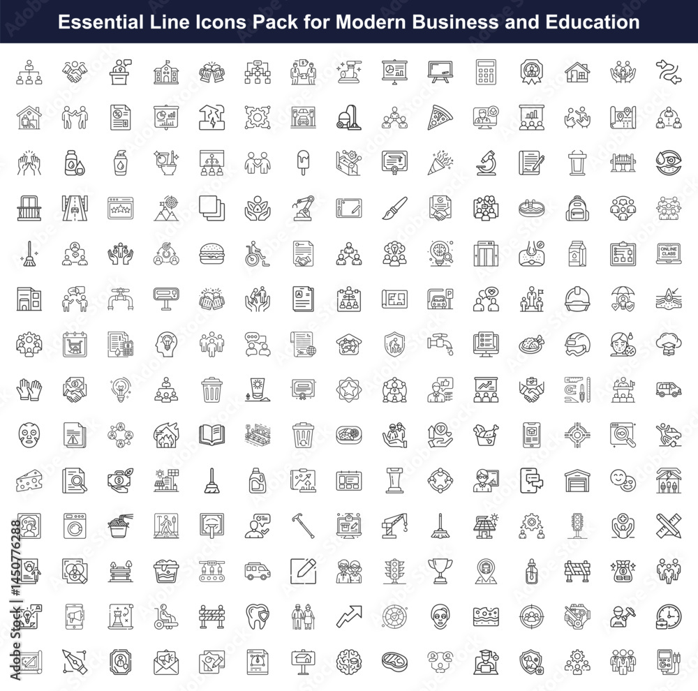 A comprehensive collection features numerous linear icons representing diverse business, educational, and lifestyle concepts A comprehensive collection features numerous linear icons representing diverse business, educational, and lifestyle concepts
