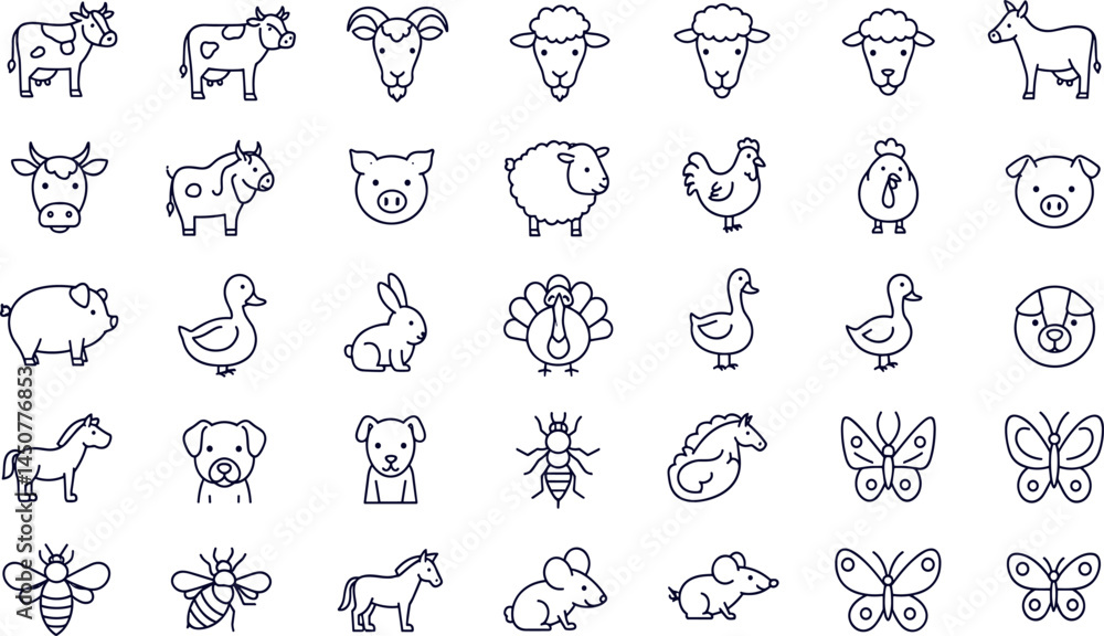 Farm animals line icon set. Vector pictograms of domestic goose, turkey, chick, duckling, duck, sheep, horse, pig, donkey, ox, Farm animals line icon set. Vector pictograms of domestic goose, turkey, chick, duckling, duck, sheep, horse, pig, donkey, ox,