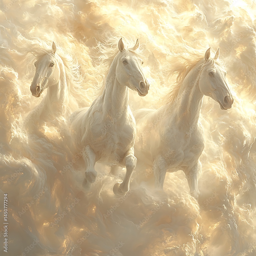 Fototapeta premium Three white horses gallop through radiant clouds